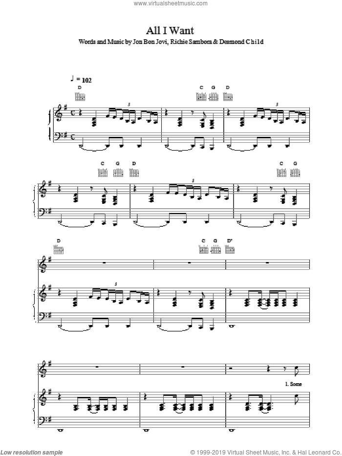 All I Want sheet music for voice, piano or guitar by Bon Jovi, intermediate skill level