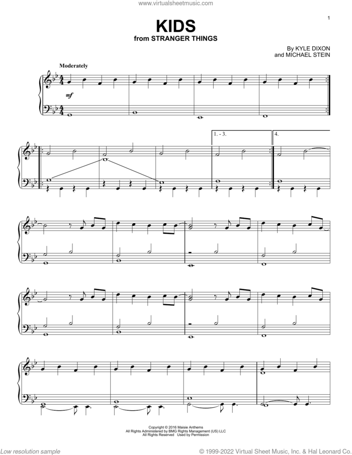 Kids (from Stranger Things), (intermediate) sheet music for piano solo by Kyle Dixon & Michael Stein, Kyle Dixon and Michael Stein, intermediate skill level