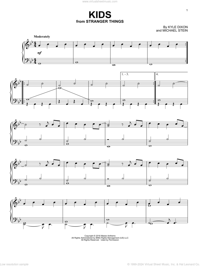 Kids (from Stranger Things) sheet music for piano solo by Kyle Dixon & Michael Stein, Kyle Dixon and Michael Stein, intermediate skill level