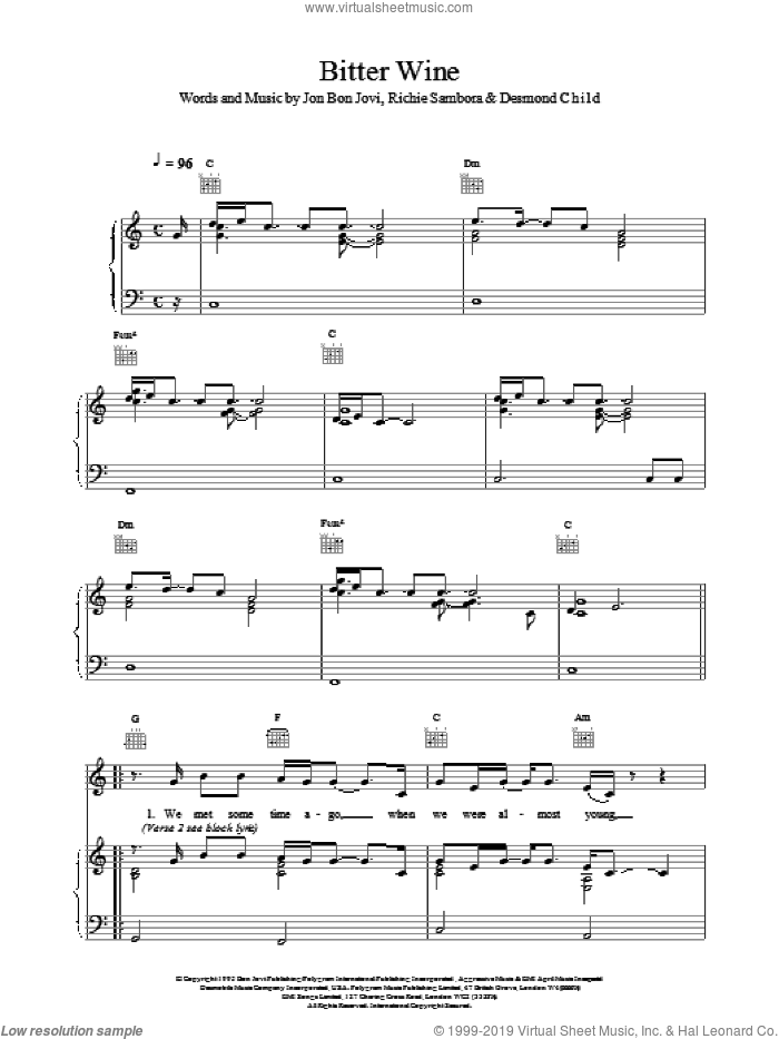 Bitter Wine sheet music for voice, piano or guitar by Bon Jovi, intermediate skill level