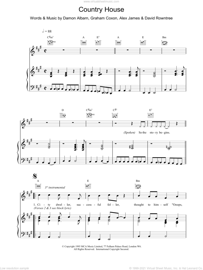 Country House sheet music for voice, piano or guitar by Blur, intermediate skill level