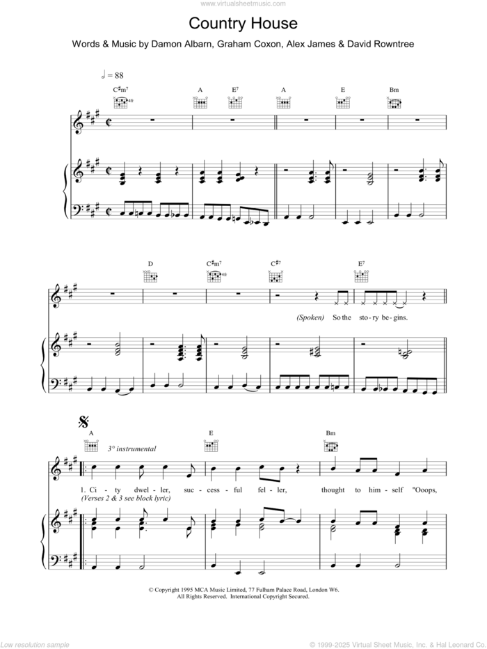 Country House sheet music for voice, piano or guitar by Blur, intermediate skill level