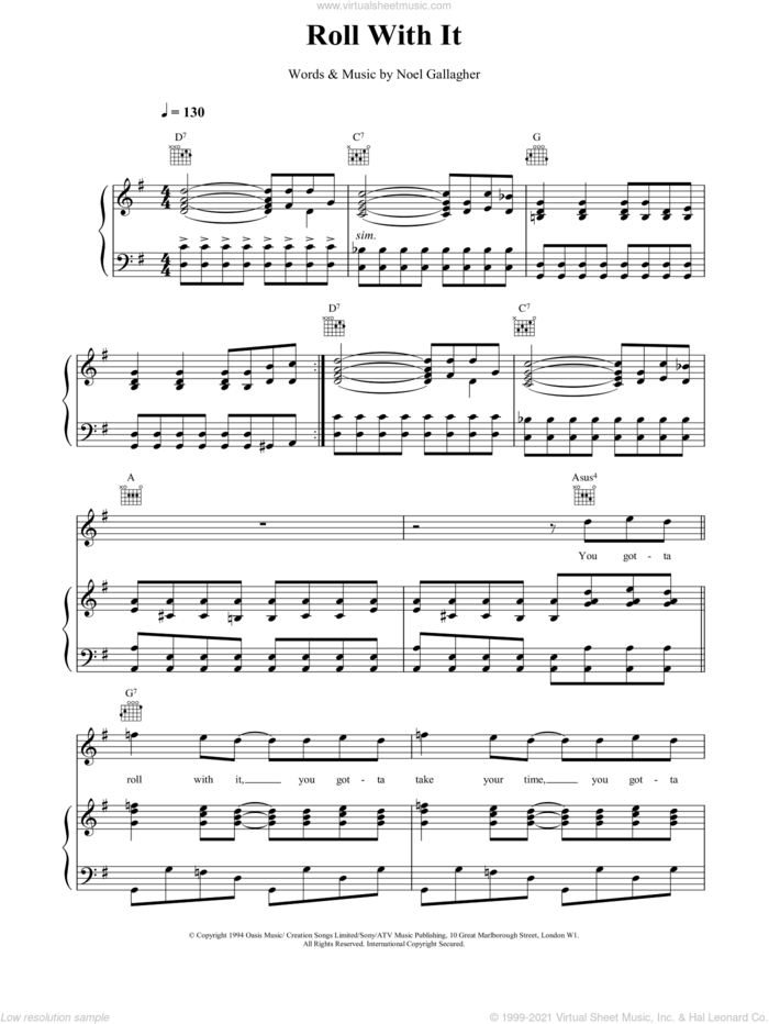 Roll With It sheet music for voice, piano or guitar by Oasis, intermediate skill level
