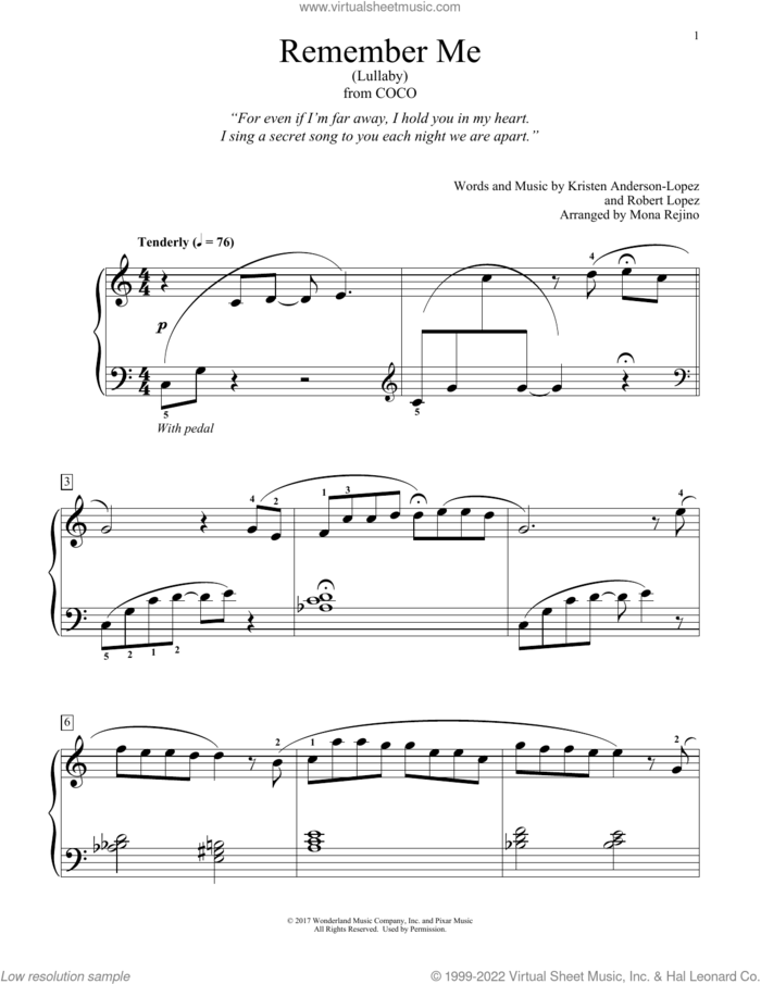 Remember Me (Lullaby) (from Coco) (arr. Mona Rejino) sheet music for piano solo (elementary) by Kristen Anderson-Lopez & Robert Lopez, Mona Rejino, Kristen Anderson-Lopez and Robert Lopez, beginner piano (elementary)