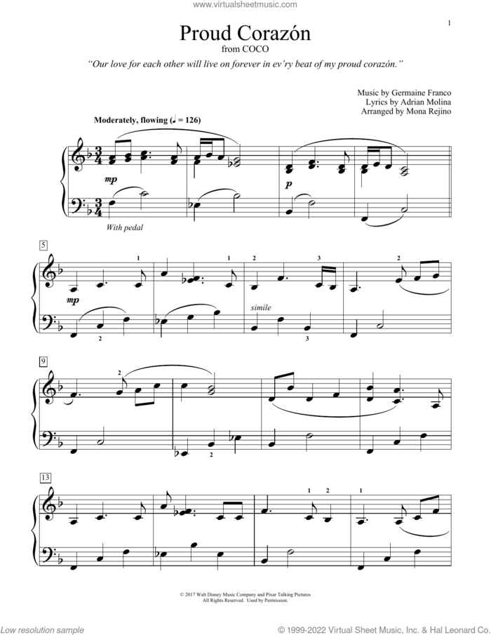Proud Corazon (from Coco) (arr. Mona Rejino) sheet music for piano solo (elementary) by Germaine Franco & Adrian Molina, Mona Rejino, Adrian Molina and Germaine Franco, beginner piano (elementary)