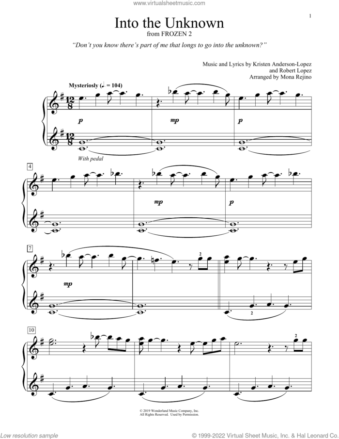 Into The Unknown (from Disney's Frozen 2) (arr. Mona Rejino) sheet music for piano solo (elementary) by Idina Menzel and AURORA, Mona Rejino, Kristen Anderson-Lopez and Robert Lopez, beginner piano (elementary)