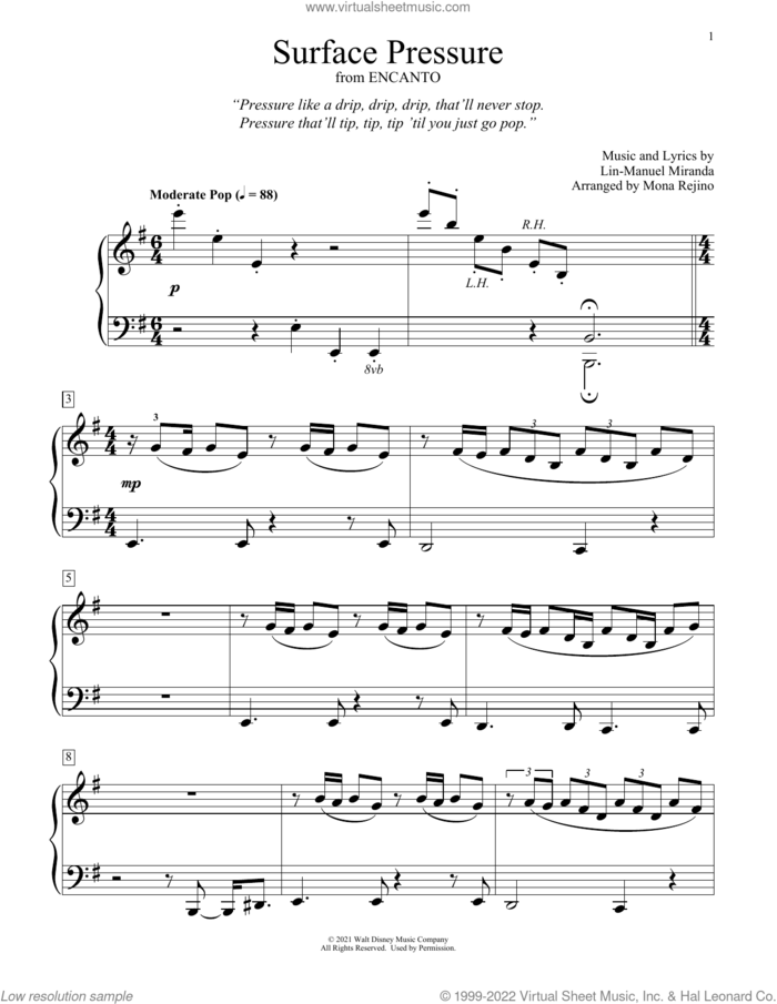 Surface Pressure (from Encanto) (arr. Mona Rejino) sheet music for piano solo (elementary) by Lin-Manuel Miranda and Mona Rejino, beginner piano (elementary)