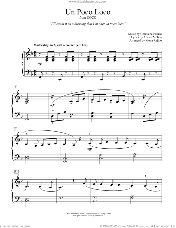 Un Poco Loco (from Coco) (arr. Mona Rejino) sheet music for piano solo (elementary) by Germaine Franco & Adrian Molina, Mona Rejino, Adrian Molina and Germaine Franco, beginner piano (elementary)