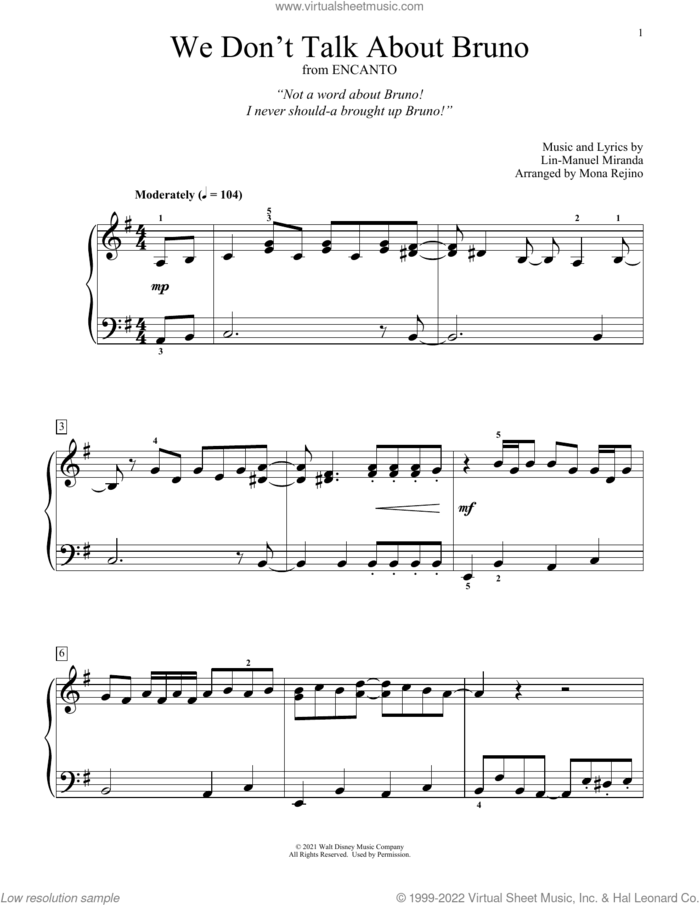 We Don't Talk About Bruno (from Encanto) (arr. Mona Rejino) sheet music for piano solo (elementary) by Lin-Manuel Miranda and Mona Rejino, beginner piano (elementary)
