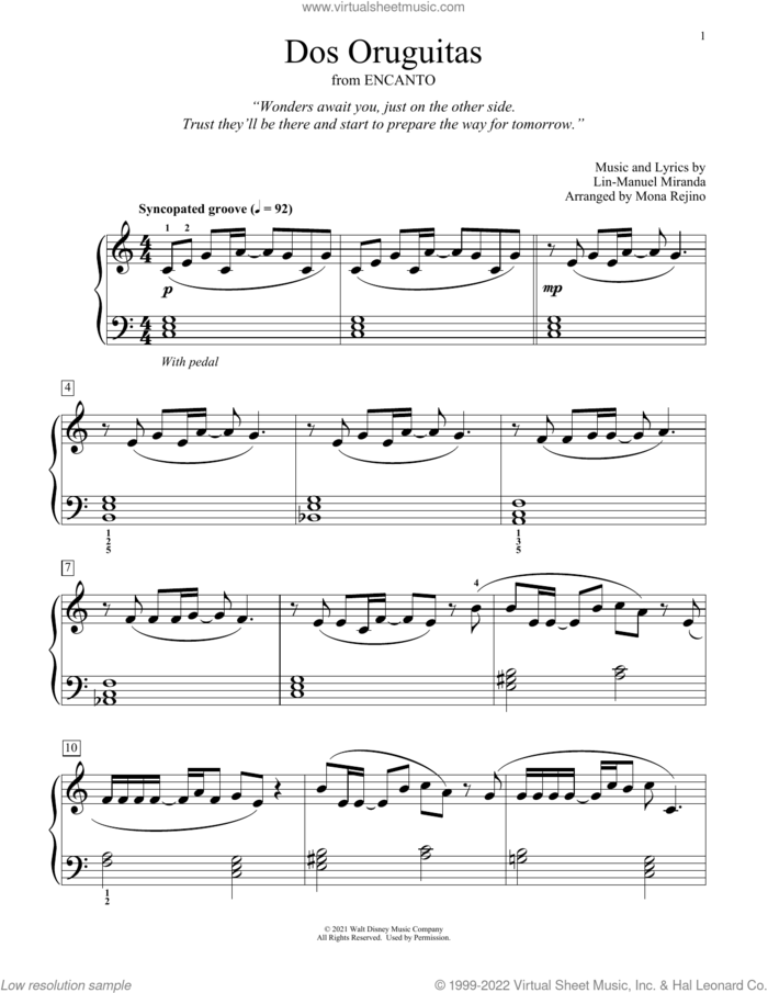 Dos Oruguitas (from Encanto) (arr. Mona Rejino) sheet music for piano solo (elementary) by Lin-Manuel Miranda and Mona Rejino, beginner piano (elementary)