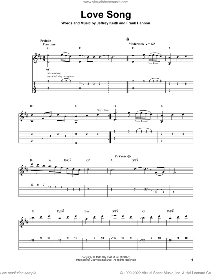 Love Song sheet music for guitar (tablature, play-along) by Tesla, Frank Hannon and Jeffrey Keith, intermediate skill level