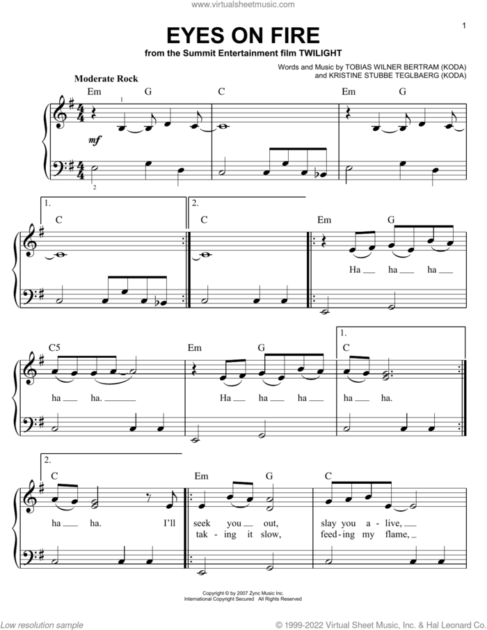 Eyes On Fire sheet music for piano solo by Blue Foundation, Kirstine Stubbe Teglbaerg and Tobias Wilner Bertram, easy skill level