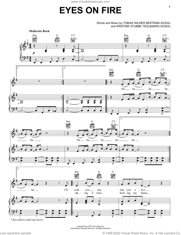 Eyes On Fire sheet music for voice, piano or guitar by Blue Foundation, Carter Burwell, Kirstine Stubbe Teglbaerg and Tobias Wilner Bertram, intermediate skill level
