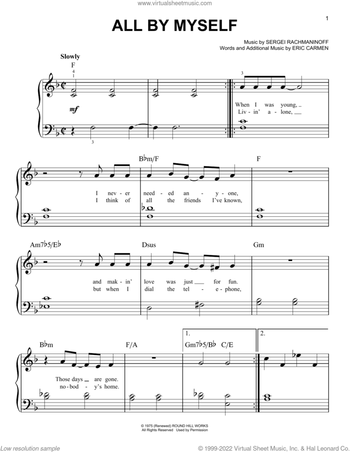 All By Myself, (beginner) sheet music for piano solo by Celine Dion, Eric Carmen and Serjeij Rachmaninoff, beginner skill level