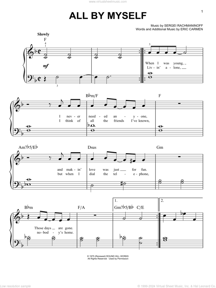 All By Myself, (beginner) sheet music for piano solo by Celine Dion, Eric Carmen and Serjeij Rachmaninoff, beginner skill level