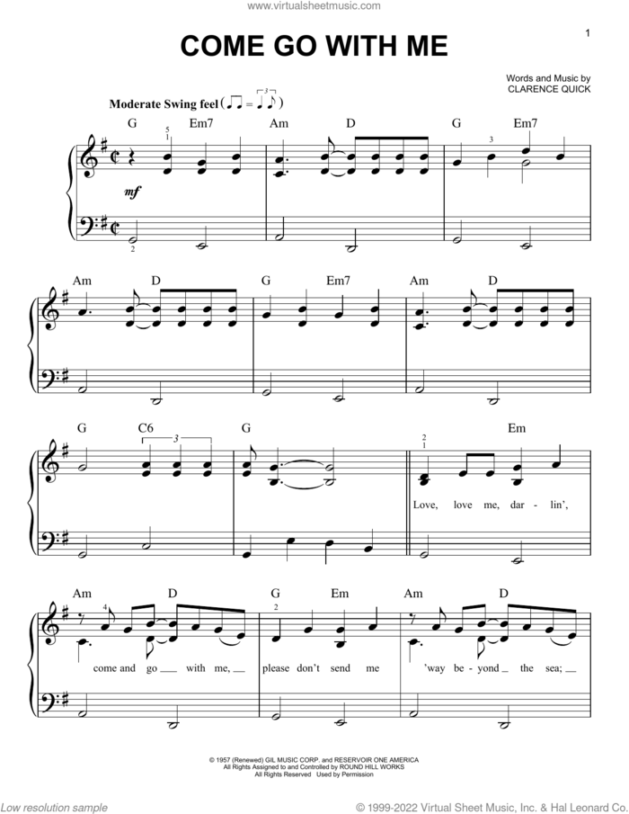 Come Go With Me sheet music for piano solo by Dell-Vikings, Dion, The Beach Boys and Clarence Quick, easy skill level
