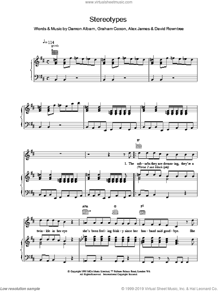 Stereotypes sheet music for voice, piano or guitar by Blur, intermediate skill level