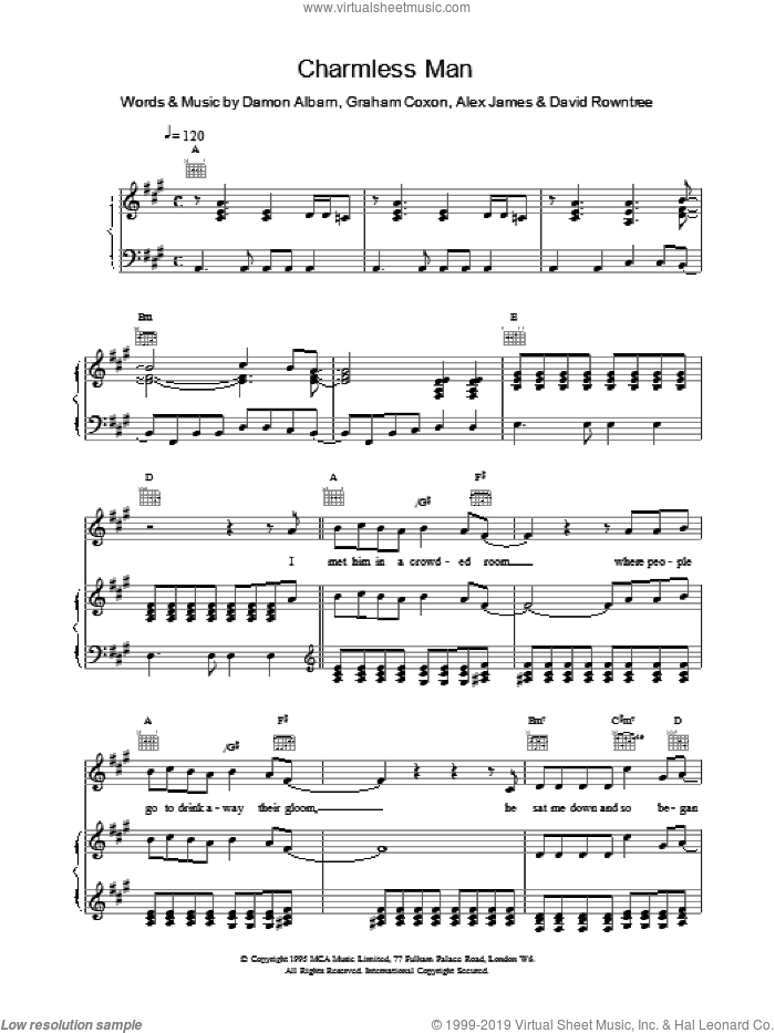 Charmless Man sheet music for voice, piano or guitar by Blur, intermediate skill level