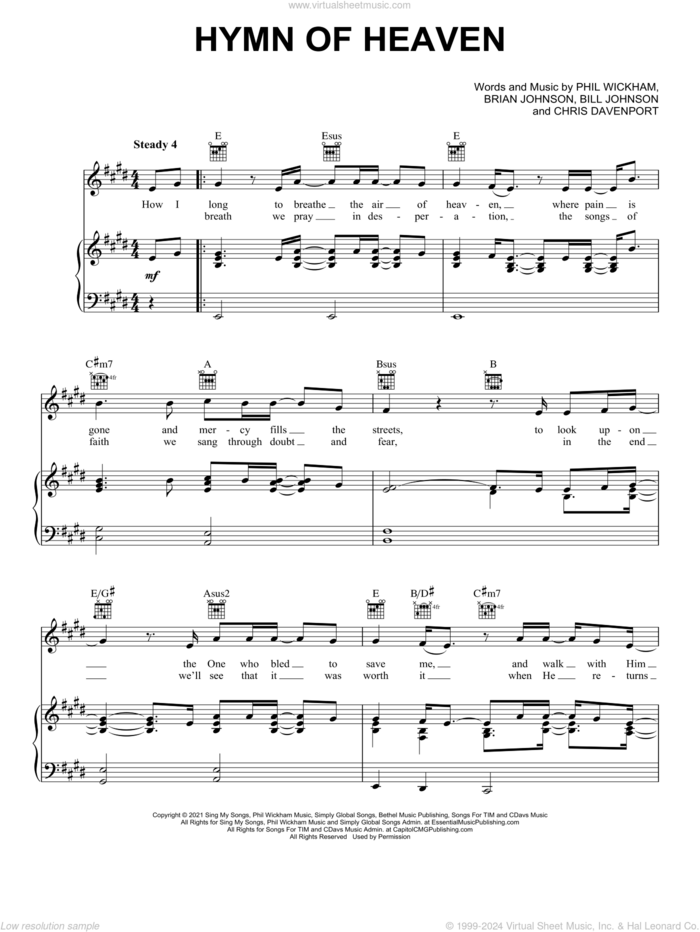 Hymn Of Heaven sheet music for voice, piano or guitar by Phil Wickham, Bill Johnson, Brian Johnson and Chris Davenport, intermediate skill level