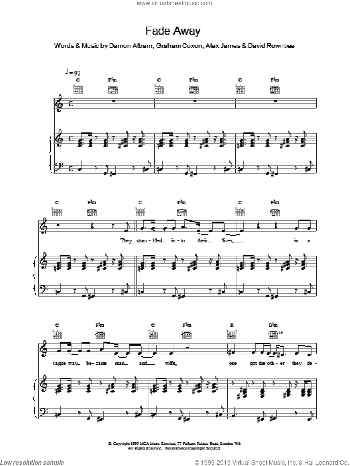 Fade Away sheet music for voice, piano or guitar by Blur, intermediate skill level