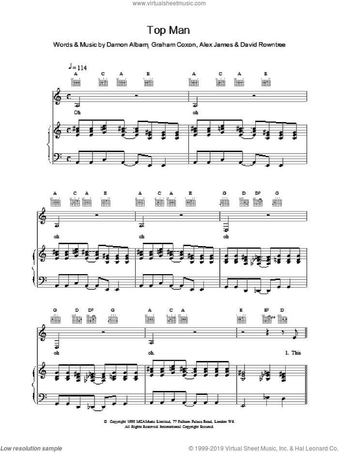 Top Man sheet music for voice, piano or guitar by Blur, intermediate skill level