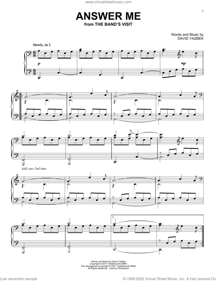 Answer Me (from The Band's Visit) sheet music for piano solo by David Yazbek, intermediate skill level