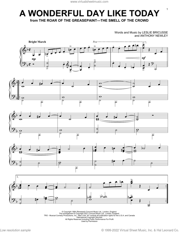 A Wonderful Day Like Today (from The Roar Of The Greasepaint - The Smell Of The Crowd) sheet music for piano solo by Leslie Bricusse & Anthony Newley, Anthony Newley and Leslie Bricusse, intermediate skill level