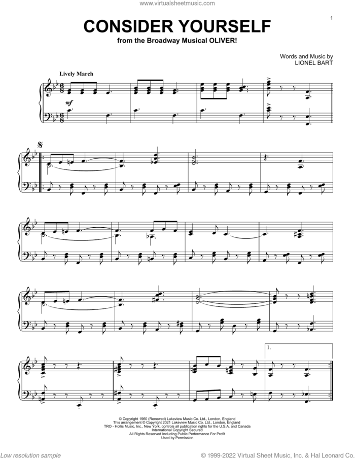 Consider Yourself (from Oliver!), (intermediate) sheet music for piano solo by Lionel Bart, intermediate skill level