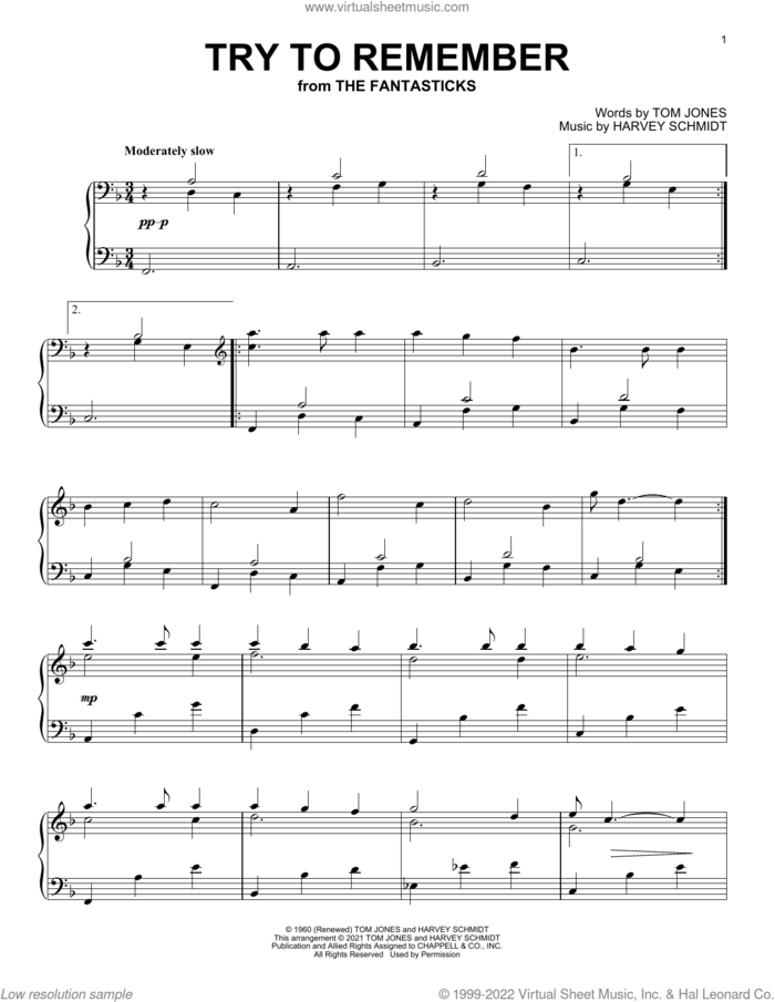 Try To Remember (from The Fantasticks) sheet music for piano solo by Tom Jones and Harvey Schmidt, intermediate skill level