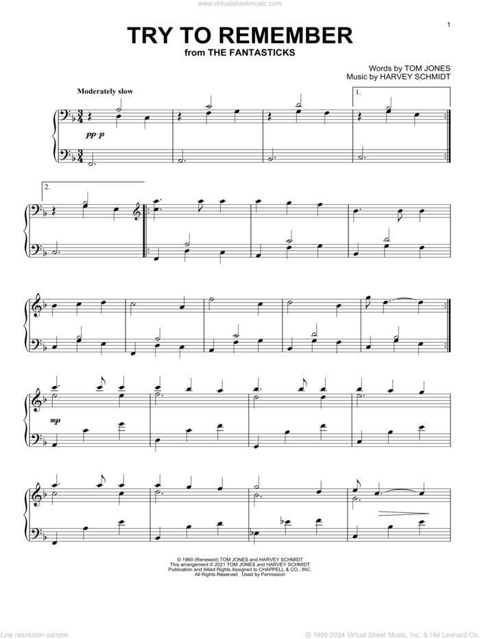 Try To Remember (from The Fantasticks) sheet music for piano solo by Tom Jones and Harvey Schmidt, intermediate skill level