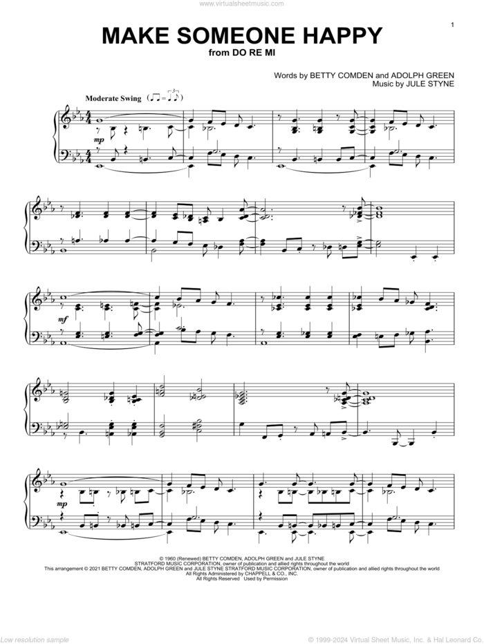 Make Someone Happy (from Do Re Mi), (intermediate) sheet music for piano solo by Jule Styne, Adolph Green and Betty Comden, intermediate skill level