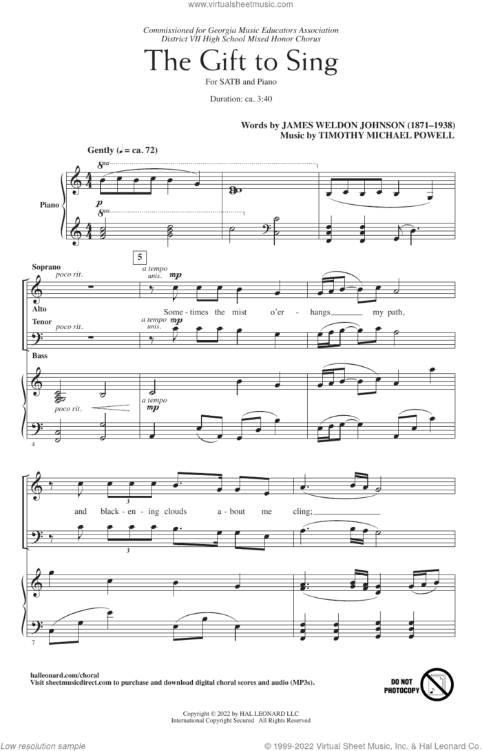 The Gift To Sing sheet music for choir (SATB: soprano, alto, tenor, bass) by James Weldon Johnson and Timothy Michael Powell, Timothy Michael Powell and James Weldon Johnson, intermediate skill level
