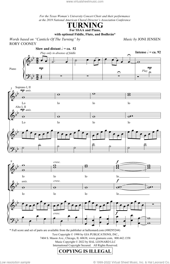 Turning (arr. Joni Jensen) sheet music for choir (SSAA: soprano, alto) by Irish Folk Song, Joni Jensen and Rory Cooney, intermediate skill level