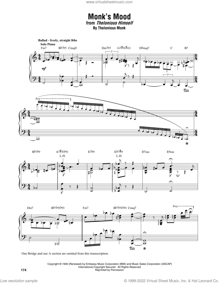 Monk's Mood sheet music for piano solo (transcription) by Thelonious Monk, intermediate piano (transcription)