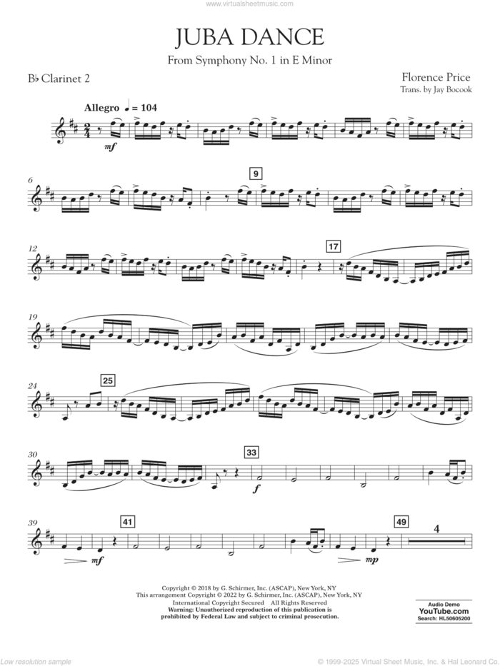Juba Dance (from Symphony No. 1) sheet music for concert band (clarinet 2 in Bb) by Florence Price and Jay Bocook, intermediate skill level