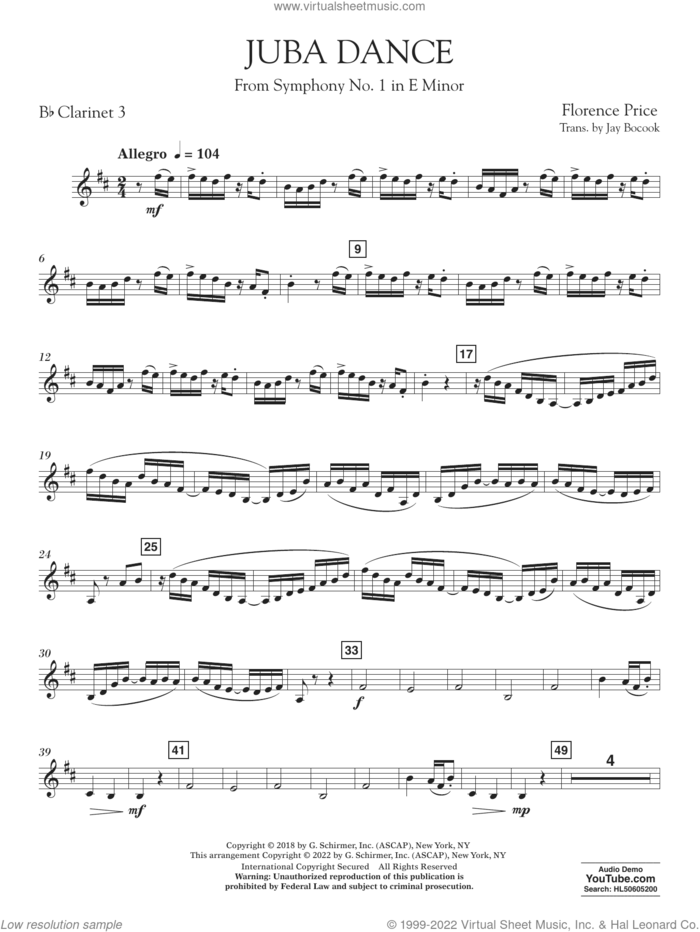 Juba Dance (from Symphony No. 1) sheet music for concert band (clarinet 3 in Bb) by Florence Price and Jay Bocook, intermediate skill level