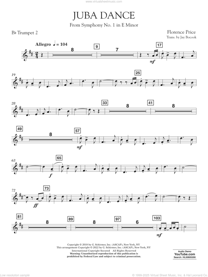 Juba Dance (from Symphony No. 1) sheet music for concert band (trumpet 2 in Bb) by Florence Price and Jay Bocook, intermediate skill level