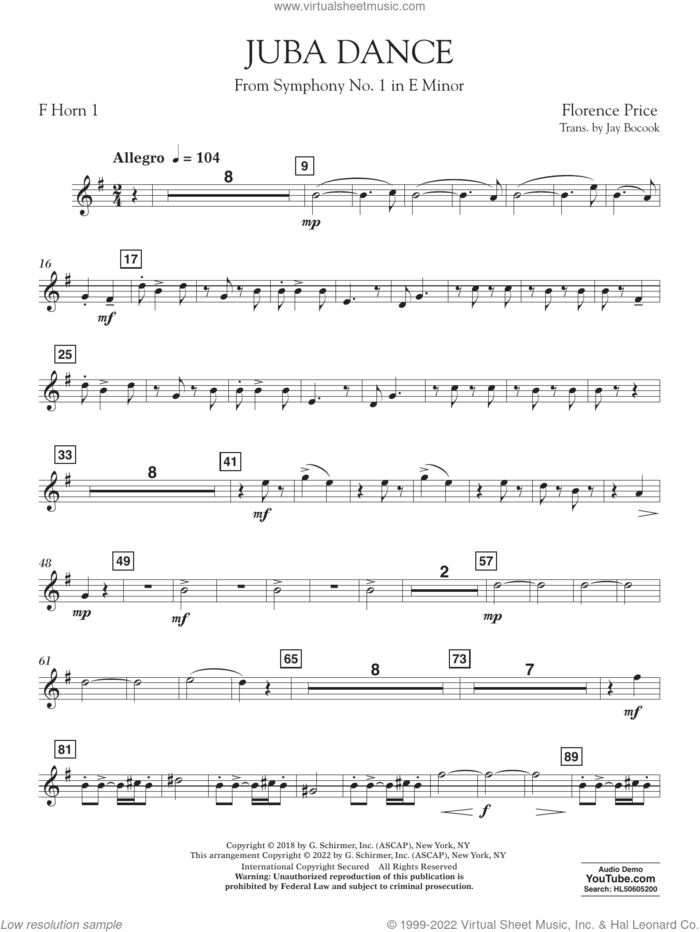 Juba Dance (from Symphony No. 1) sheet music for concert band (horn 1 in f) by Florence Price and Jay Bocook, intermediate skill level