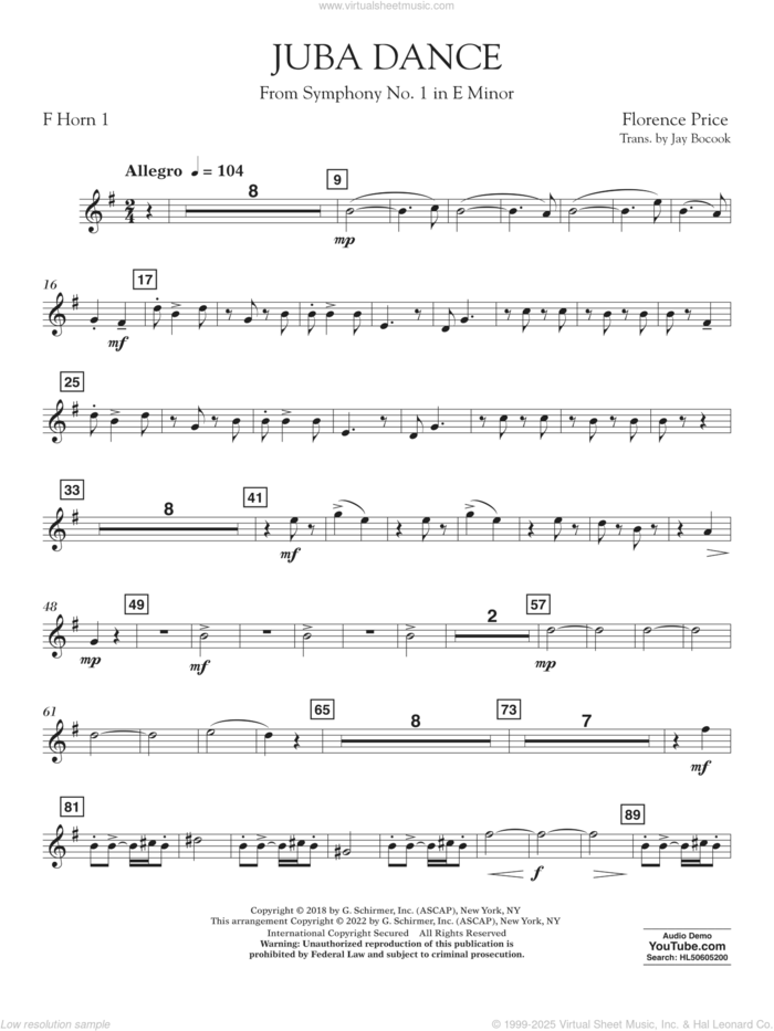 Juba Dance (from Symphony No. 1) sheet music for concert band (horn 1 in f) by Florence Price and Jay Bocook, intermediate skill level