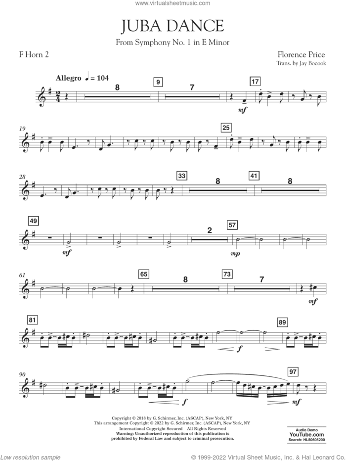Juba Dance (from Symphony No. 1) sheet music for concert band (horn 2 in f) by Florence Price and Jay Bocook, intermediate skill level