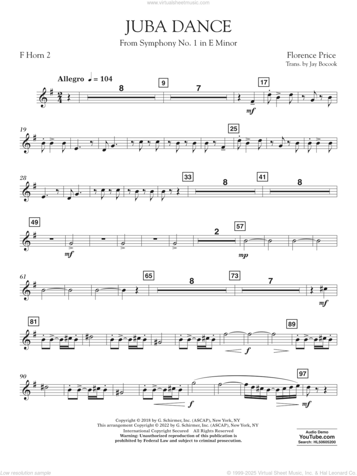 Juba Dance (from Symphony No. 1) sheet music for concert band (horn 2 in f) by Florence Price and Jay Bocook, intermediate skill level