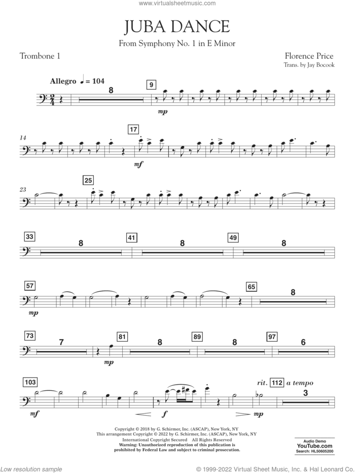 Juba Dance (from Symphony No. 1) sheet music for concert band (trombone 1) by Florence Price and Jay Bocook, intermediate skill level
