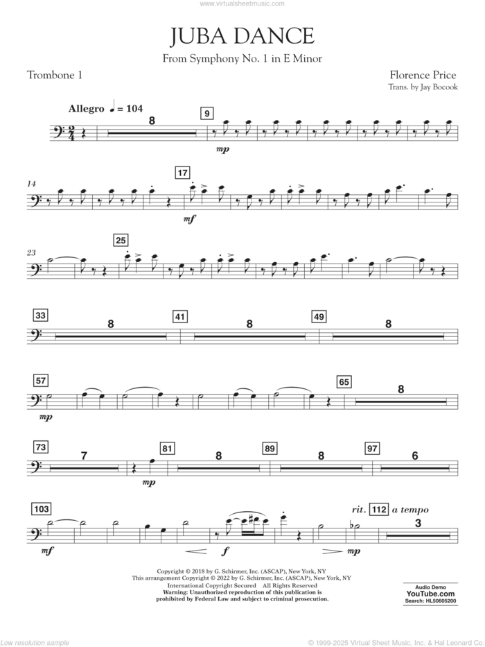 Juba Dance (from Symphony No. 1) sheet music for concert band (trombone 1) by Florence Price and Jay Bocook, intermediate skill level