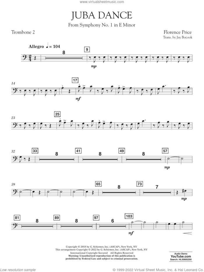 Juba Dance (from Symphony No. 1) sheet music for concert band (trombone 2) by Florence Price and Jay Bocook, intermediate skill level