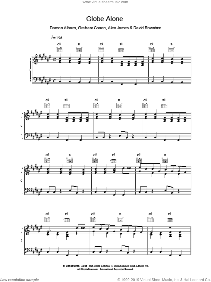 Globe Alone sheet music for voice, piano or guitar by Blur, intermediate skill level