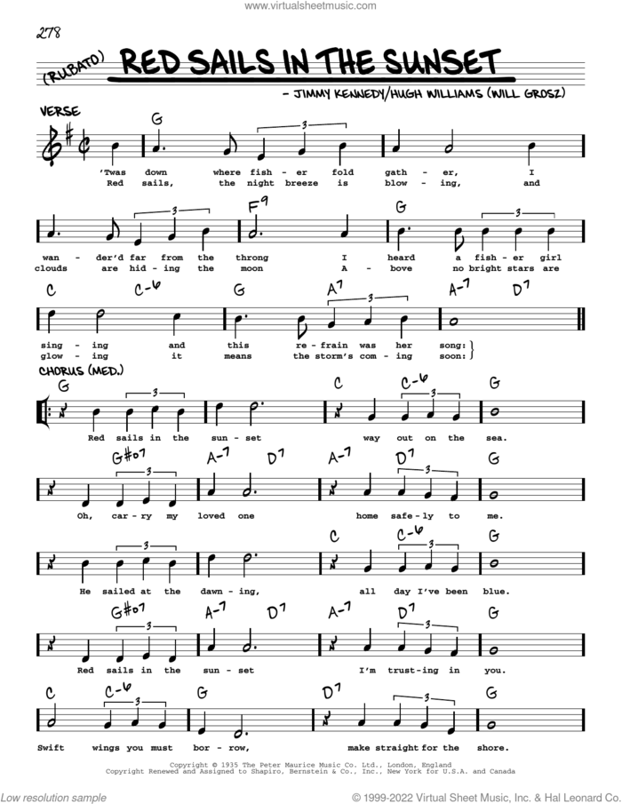 Red Sails In The Sunset (arr. Robert Rawlins) sheet music for voice and other instruments (real book with lyrics) by Jimmy Kennedy, Robert Rawlins and Hugh Williams, intermediate skill level