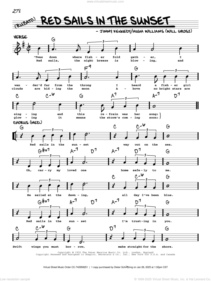 Red Sails In The Sunset (arr. Robert Rawlins) sheet music for voice and other instruments (real book with lyrics) by Jimmy Kennedy, Robert Rawlins and Hugh Williams, intermediate skill level