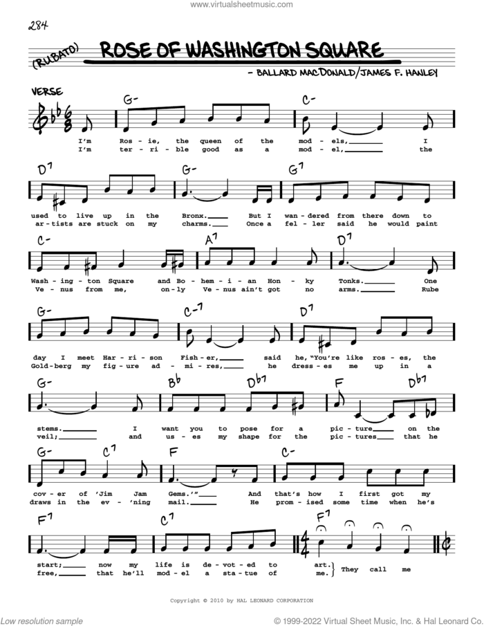 Rose Of Washington Square (arr. Robert Rawlins) sheet music for voice and other instruments (real book with lyrics) by Ballard MacDonald, Robert Rawlins and James Hanley, intermediate skill level