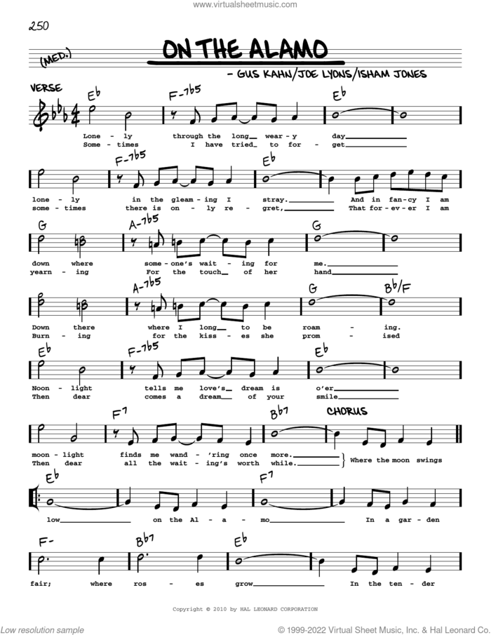 On The Alamo (arr. Robert Rawlins) sheet music for voice and other instruments (real book with lyrics) by Gus Kahn, Robert Rawlins, Isham Jones and Joe Lyons, intermediate skill level