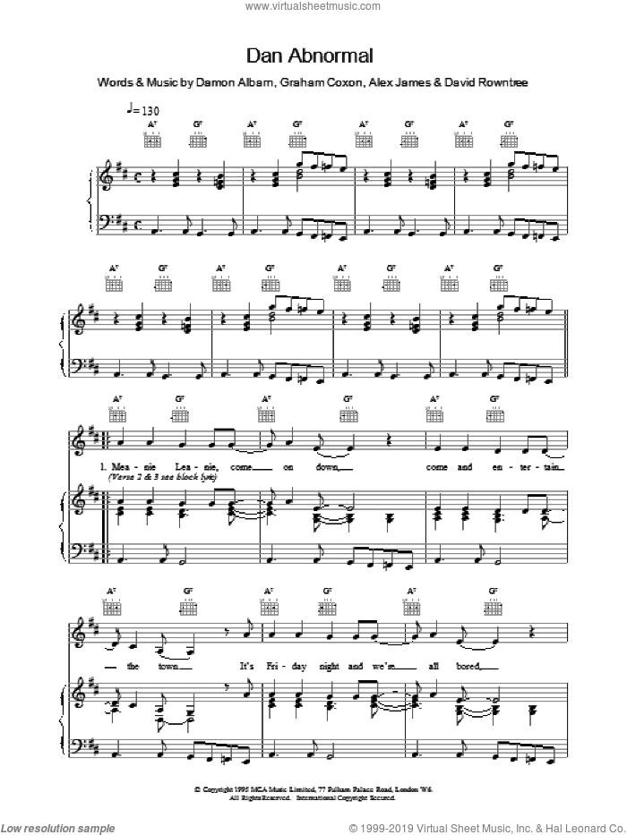 Dan Abnormal sheet music for voice, piano or guitar by Blur, intermediate skill level